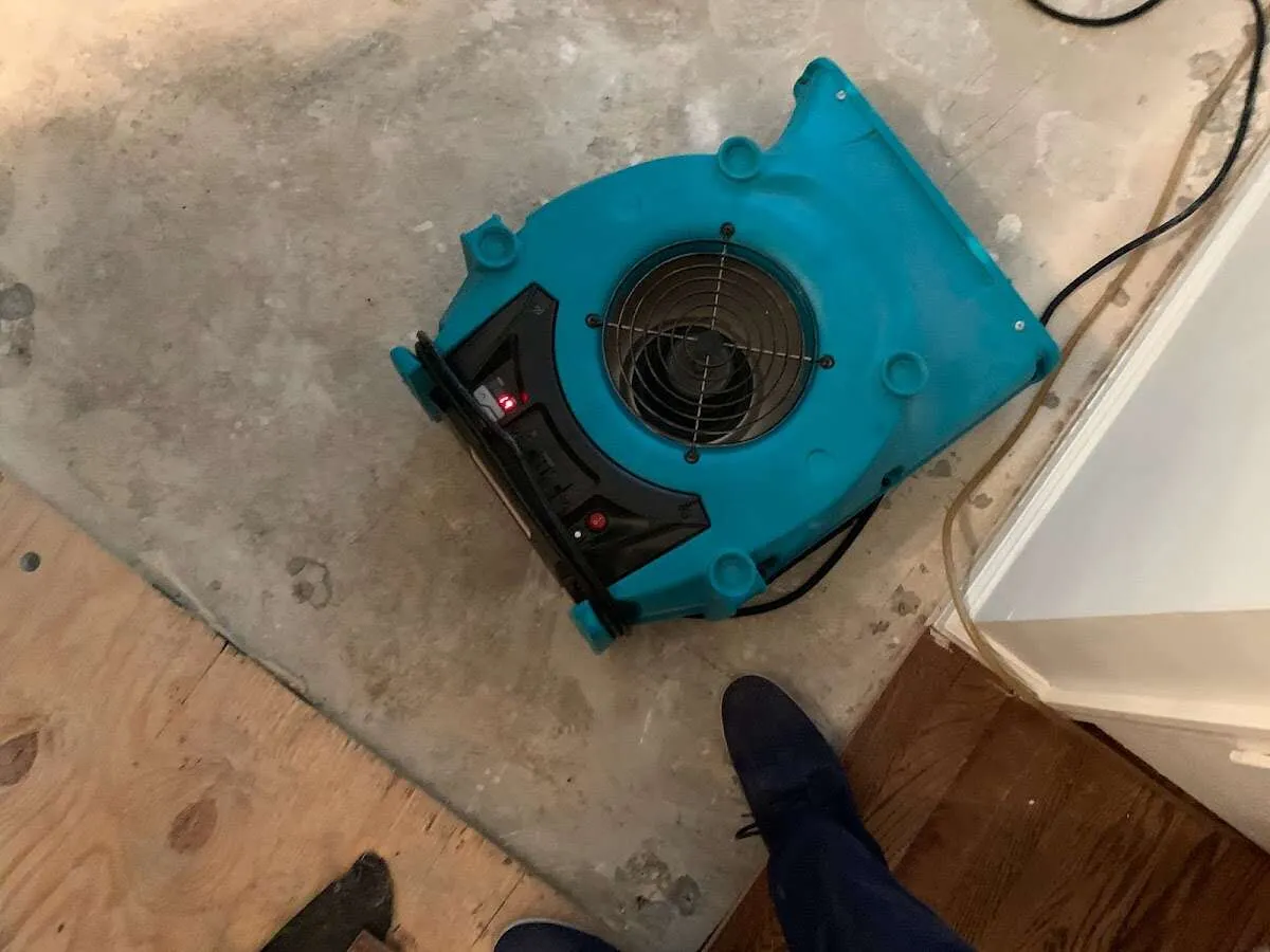 Air mover drying subfloor during Leak Detection & Repair in East Niles